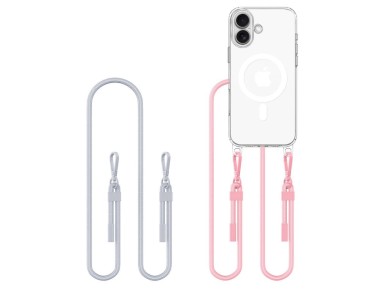 Tech-Protect Flexair Chain MagSafe Case for iPhone 16 - Clear + 2 Lanyards (Pink and Gray)