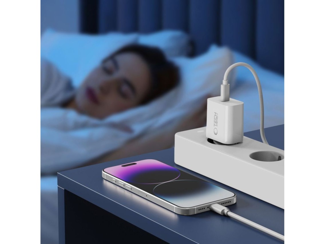Carregador de parede Tech-Protect NC20W com cabo USB-C/Lightning de 100 cm - Branco