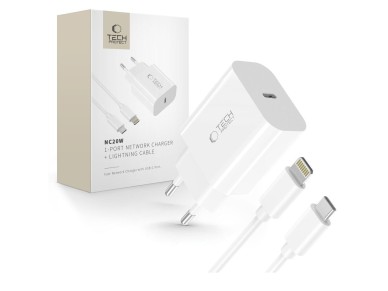 Cargador de pared Tech-Protect NC20W con cable USB-C/Lightning de 100 cm - Blanco Cargador de pared Tech-Protect NC20W con cable USB-C/Lightning de 100 cm - Blanco