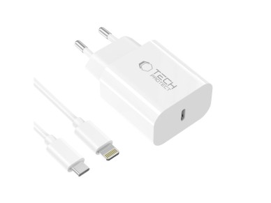 Cargador de pared Tech-Protect NC20W con cable USB-C/Lightning de 100 cm - Blanco Cargador de pared Tech-Protect NC20W con cable USB-C/Lightning de 100 cm - Blanco