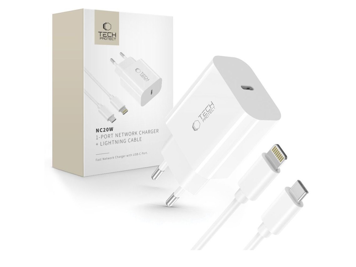 Carregador de parede Tech-Protect NC20W com cabo USB-C/Lightning de 100 cm - Branco