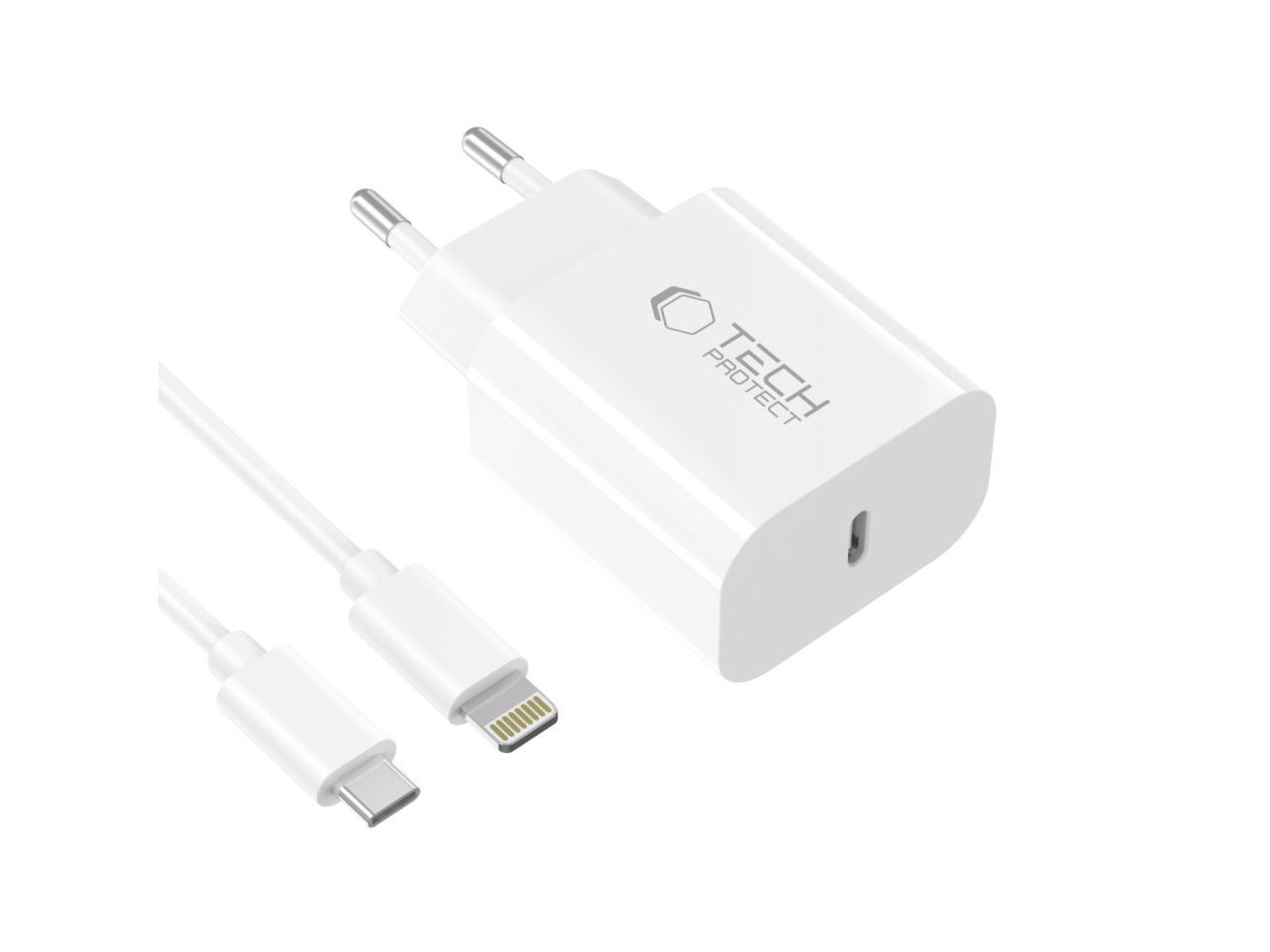 Carregador de parede Tech-Protect NC20W com cabo USB-C/Lightning de 100 cm - Branco