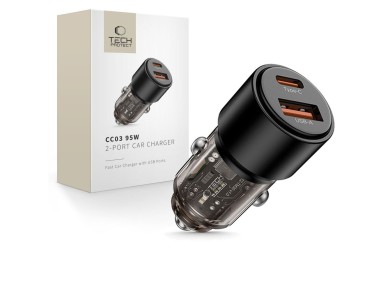 Carregador veicular Tech-Protect CC03 de 95 W com 2 portas USB-A/USB-C - Preto