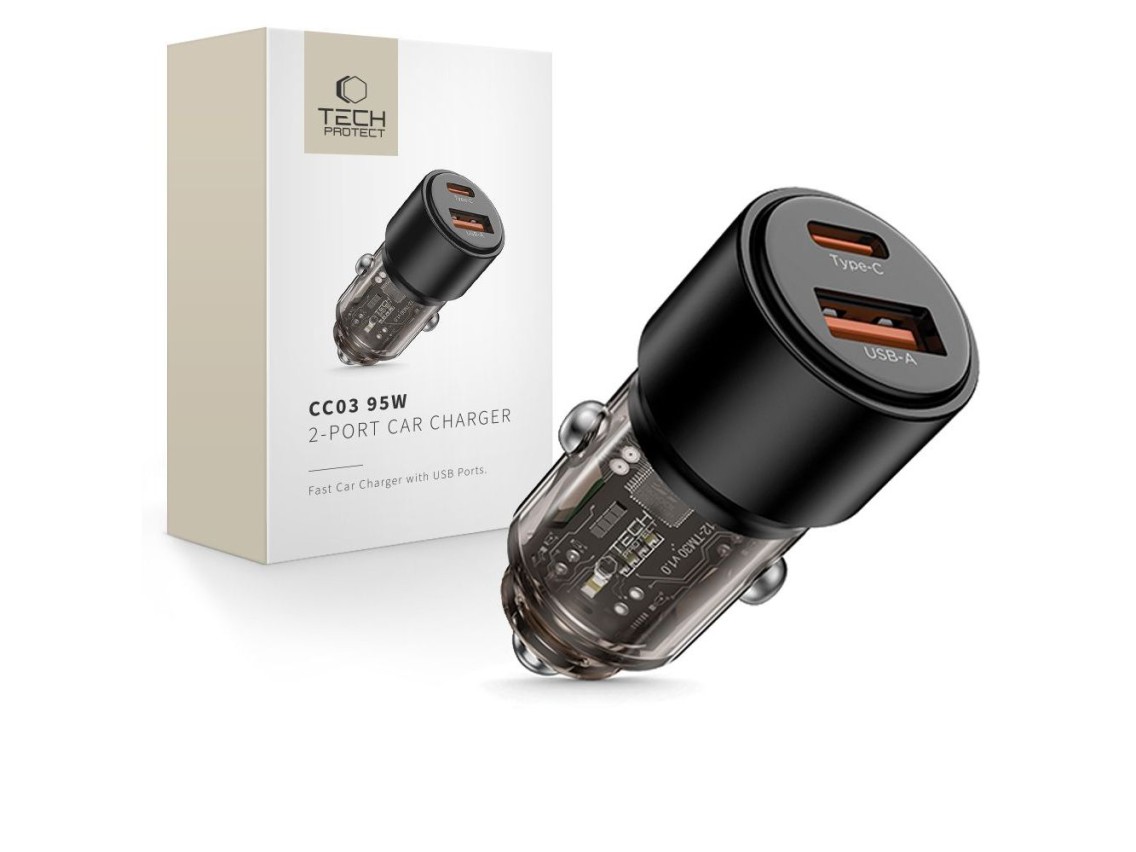 Carregador veicular Tech-Protect CC03 de 95 W com 2 portas USB-A/USB-C - Preto