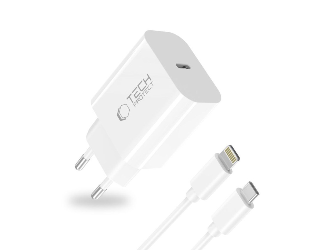 Carregador de parede Tech-Protect NC20W com cabo USB-C/Lightning de 100 cm - Branco
