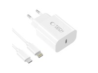 Carregador de parede Tech-Protect NC20W com cabo USB-C/Lightning de 100 cm - Branco Carregador de parede Tech-Protect NC20W com cabo USB-C/Lightning de 100 cm - Branco