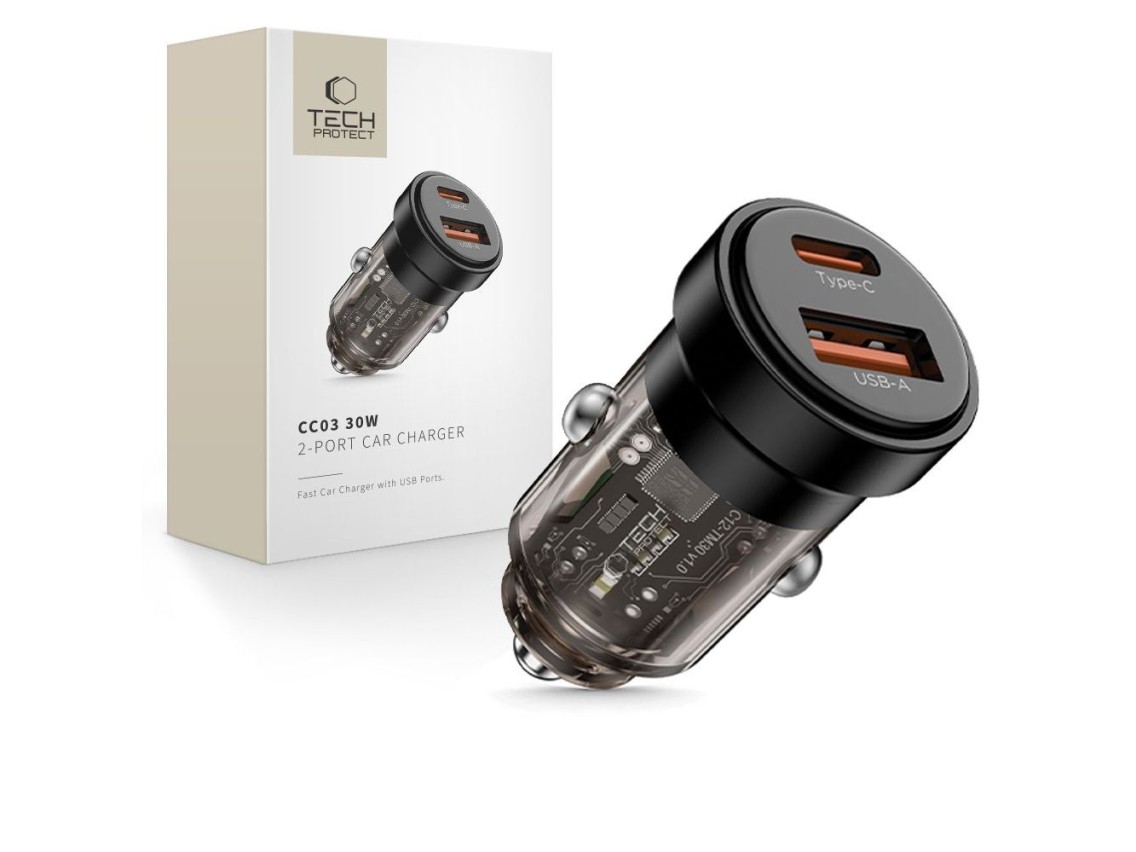 Carregador veicular Tech-Protect CC03 de 30 W com 2 portas USB-A/USB-C - Preto