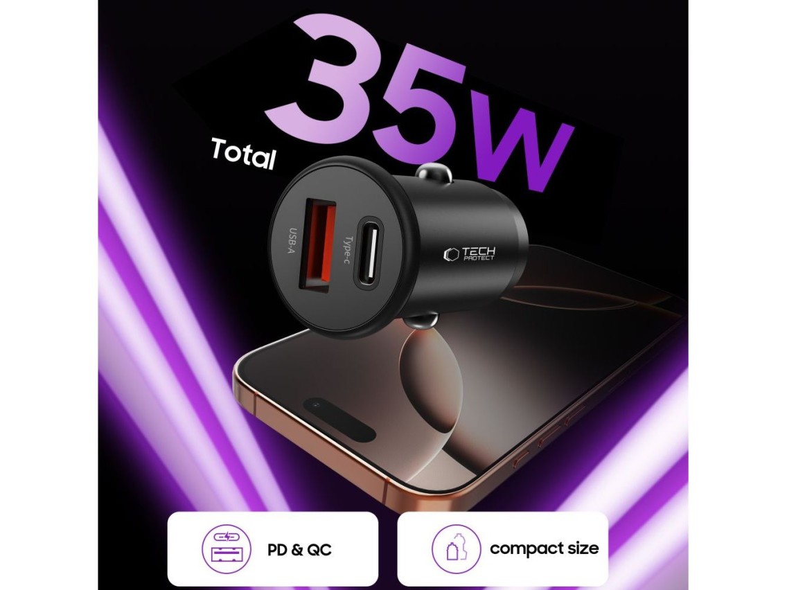 Cargador de coche Tech-Protect CC02 de 35 W con 2 puertos USB-C/USB-A - Negro