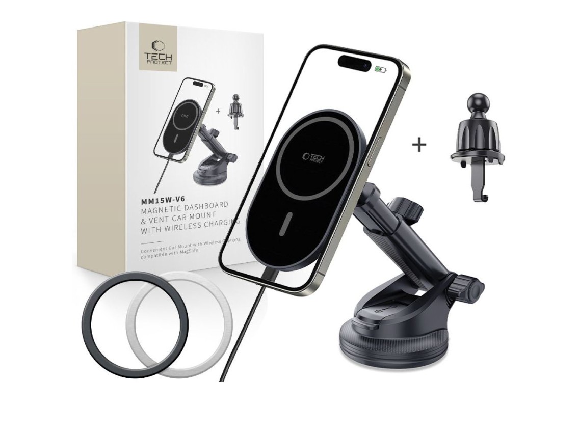 Soporte magnético para coche Tech-Protect mm15W-V6 MagSafe para habitáculo/parabrisas/rejilla de ven