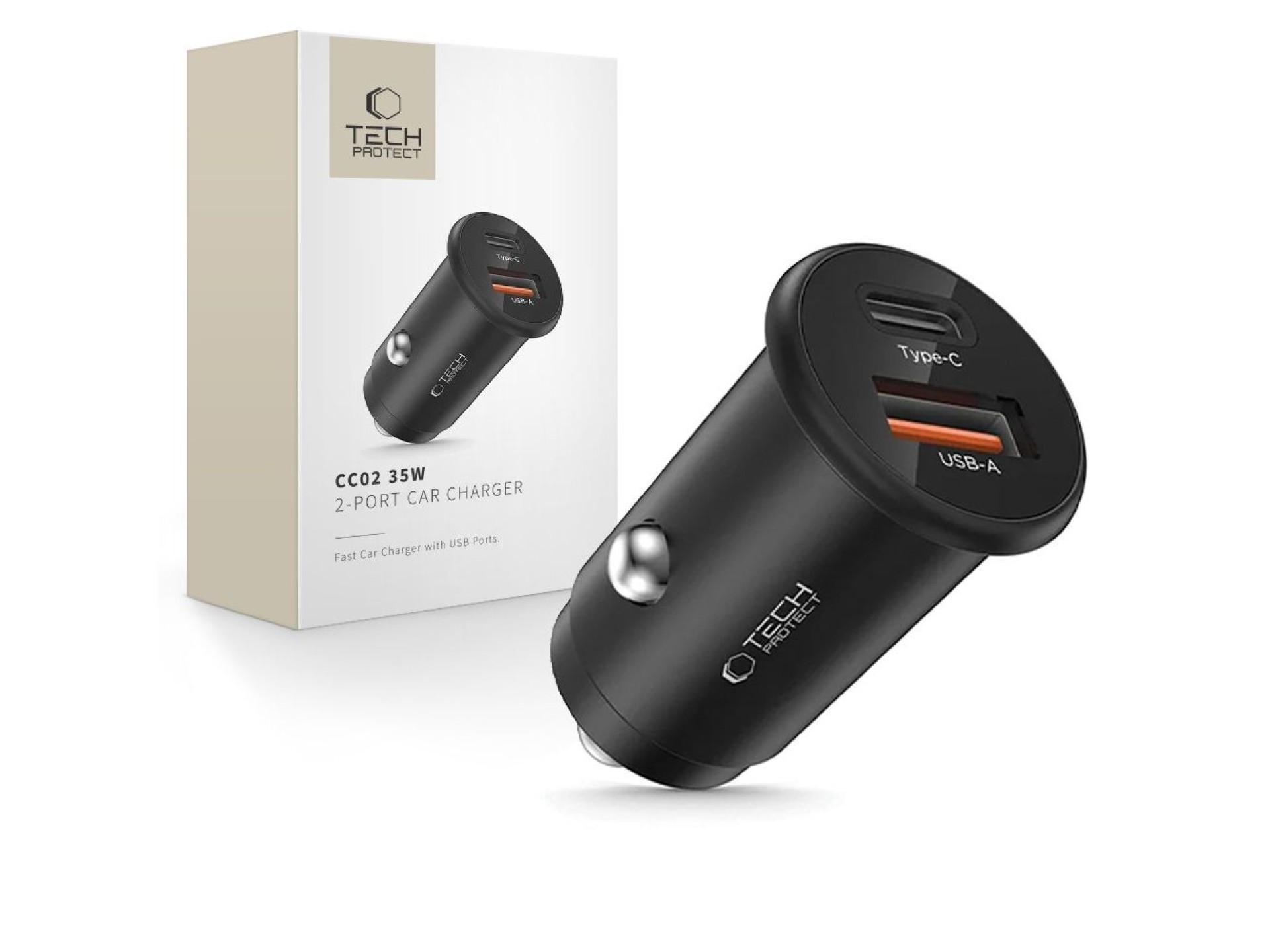 Cargador de coche Tech-Protect CC02 de 35 W con 2 puertos USB-C/USB-A - Negro