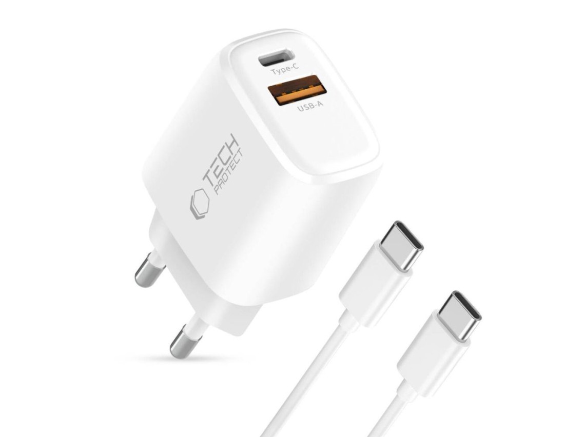 Tech-Protect NCA20 PD 20W QC3.0 USB-A / USB-C Wall Charger + USB-C / USB-C Cable 100cm - White