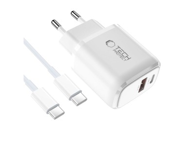 Cargador de pared Tech-Protect NCA20 PD de 20 W QC3.0 USB-A/USB-C + cable USB-C/USB-C de 100 cm - Bl Cargador de pared Tech-Protect NCA20 PD de 20 W QC3.0 USB-A/USB-C + cable USB-C/USB-C de 100 cm - Bl