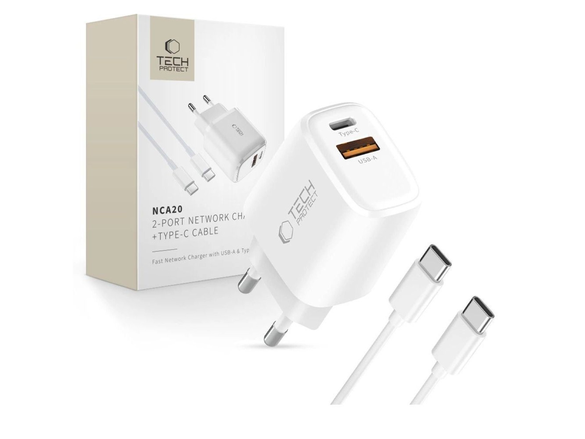 Tech-Protect NCA20 PD 20W QC3.0 USB-A / USB-C Wall Charger + USB-C / USB-C Cable 100cm - White