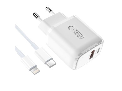 Cargador de pared Tech-Protect NCA20 PD de 20 W QC3.0 USB-A/USB-C + cable USB-C/Lightning de 100 cm Cargador de pared Tech-Protect NCA20 PD de 20 W QC3.0 USB-A/USB-C + cable USB-C/Lightning de 100 cm