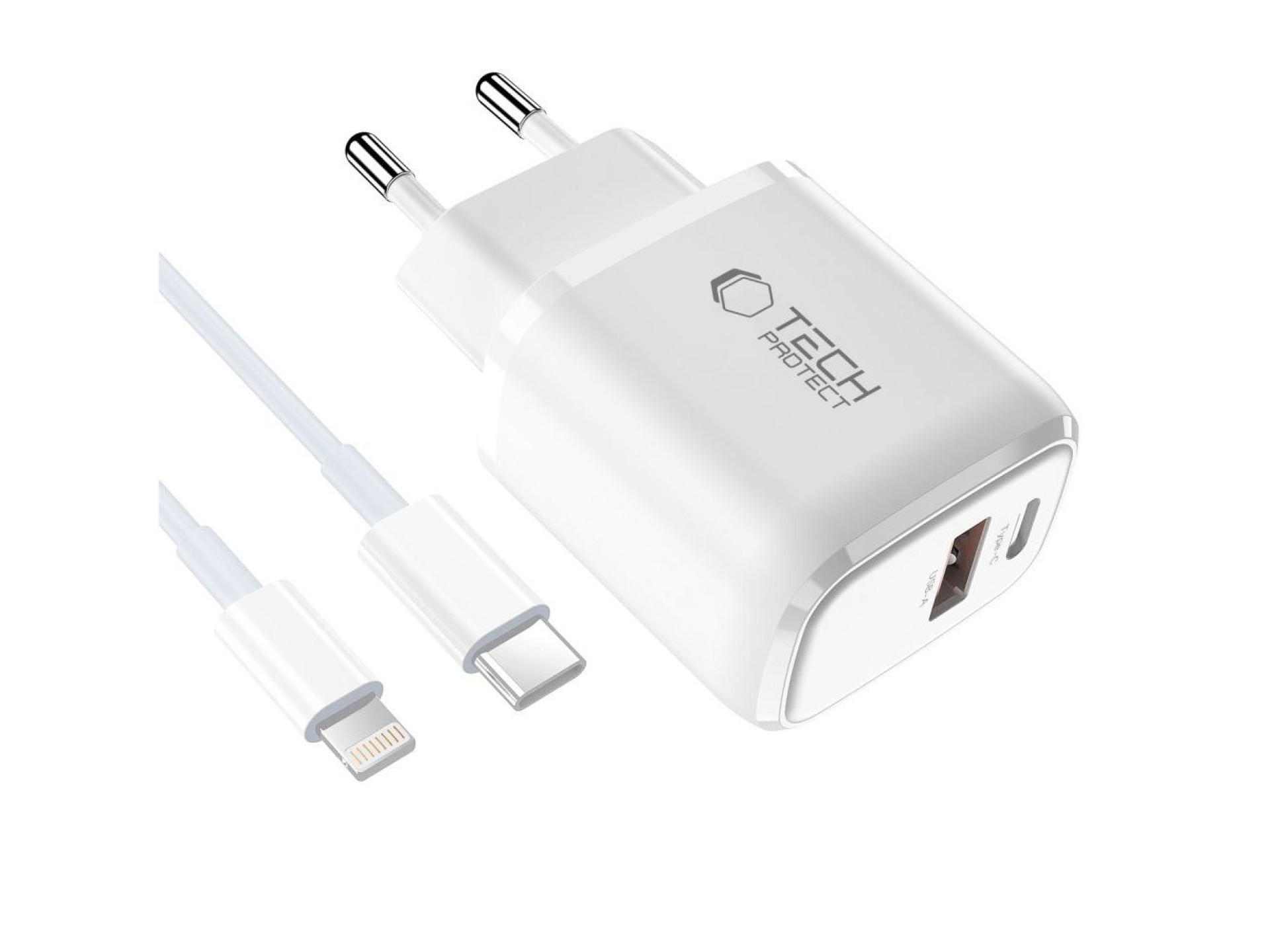 Carregador de parede Tech-Protect NCA20 PD 20W QC3.0 USB-A/USB-C + Cabo USB-C/Lightning de 100 cm -