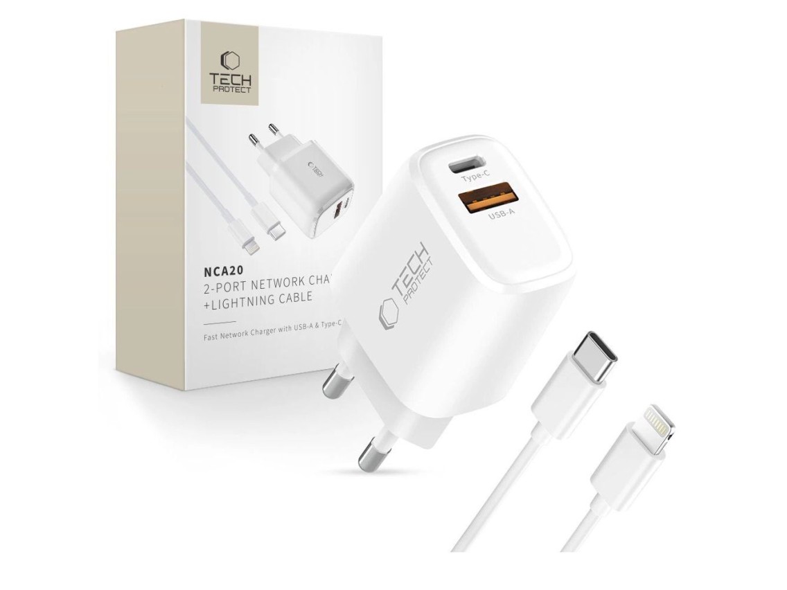 Carregador de parede Tech-Protect NCA20 PD 20W QC3.0 USB-A/USB-C + Cabo USB-C/Lightning de 100 cm -