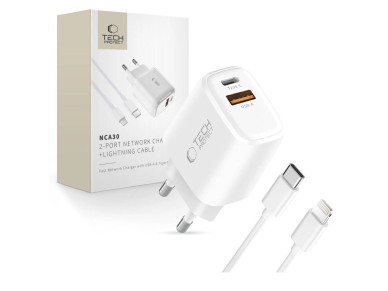 Cargador de pared Tech-Protect NCA30 PD de 30 W QC3.0 USB-A/USB-C + cable USB-C/Lightning de 100 cm Cargador de pared Tech-Protect NCA30 PD de 30 W QC3.0 USB-A/USB-C + cable USB-C/Lightning de 100 cm