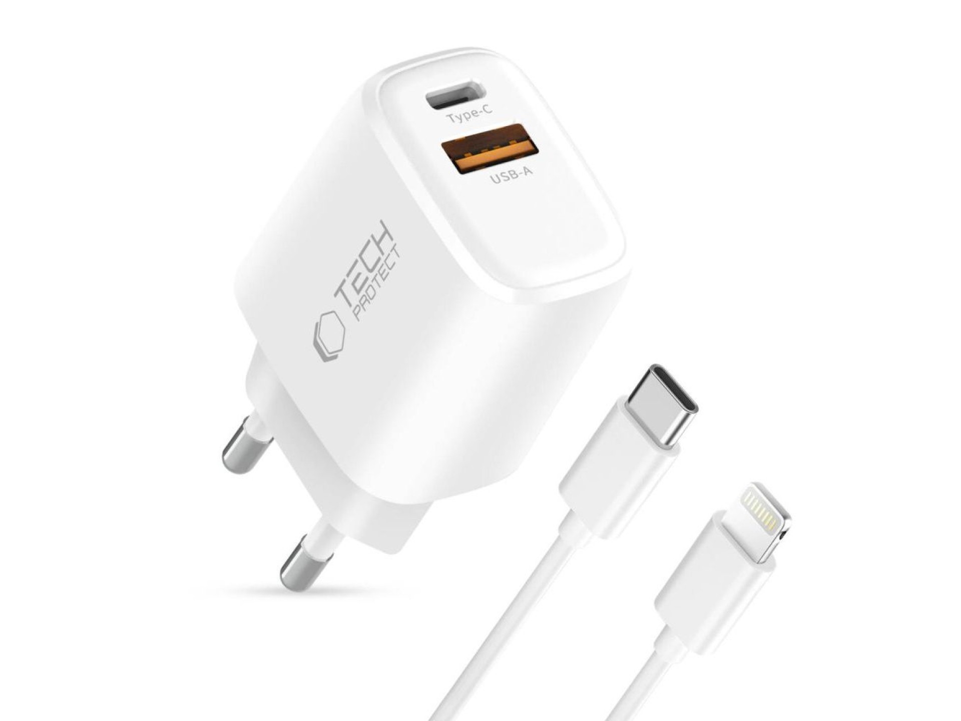 Tech-Protect NCA30 PD 30W QC3.0 USB-A / USB-C Wall Charger + USB-C / Lightning Cable 100cm - White