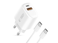 Tech-Protect NCA30 PD 30W QC3.0 USB-A / USB-C Wall Charger + USB-C / USB-C Cable 100cm - White Tech-Protect NCA30 PD 30W QC3.0 USB-A / USB-C Wall Charger + USB-C / USB-C Cable 100cm - White