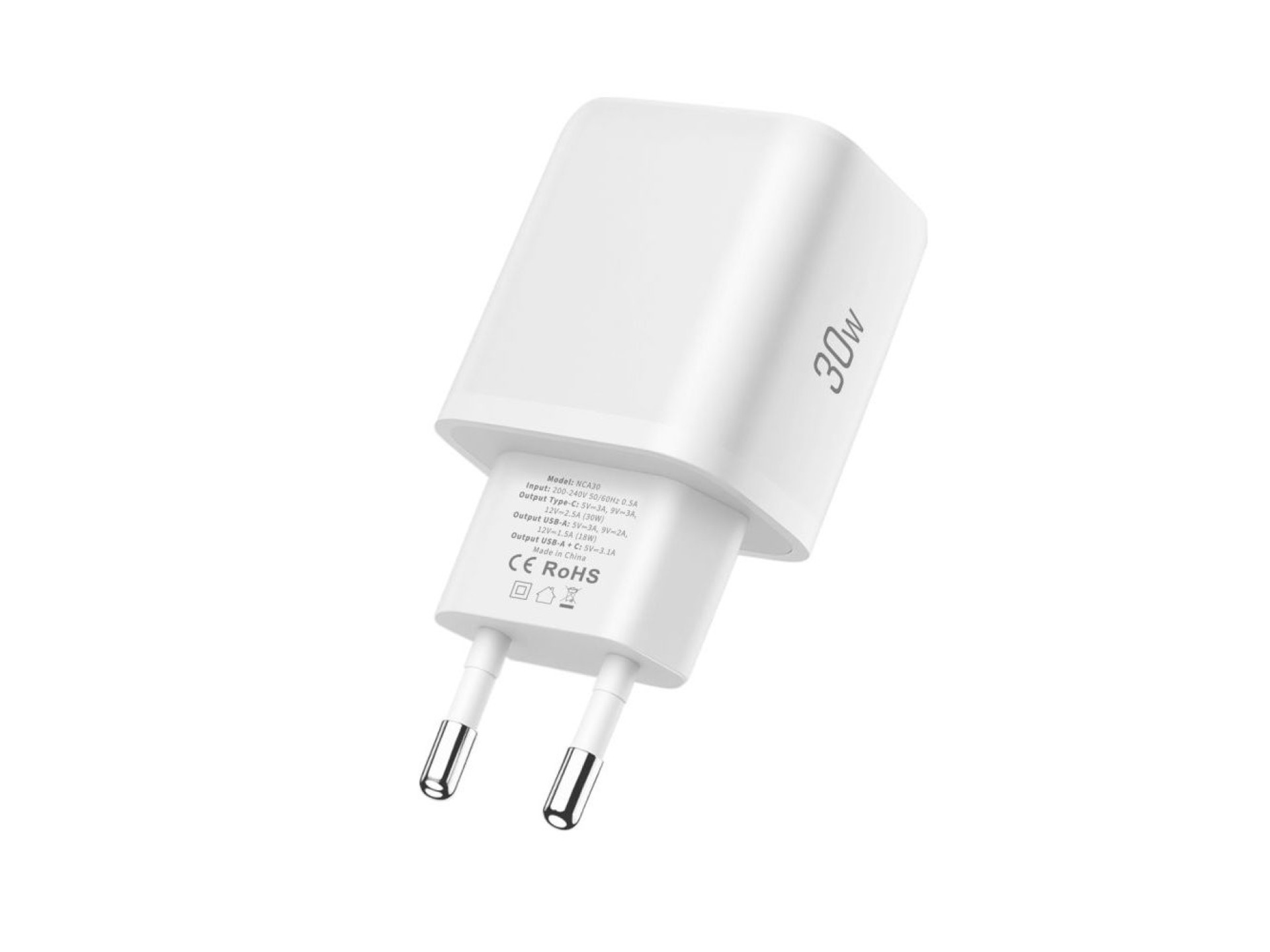 Tech-Protect NCA30 PD 30W QC3.0 USB-A / USB-C Wall Charger + USB-C / USB-C Cable 100cm - White