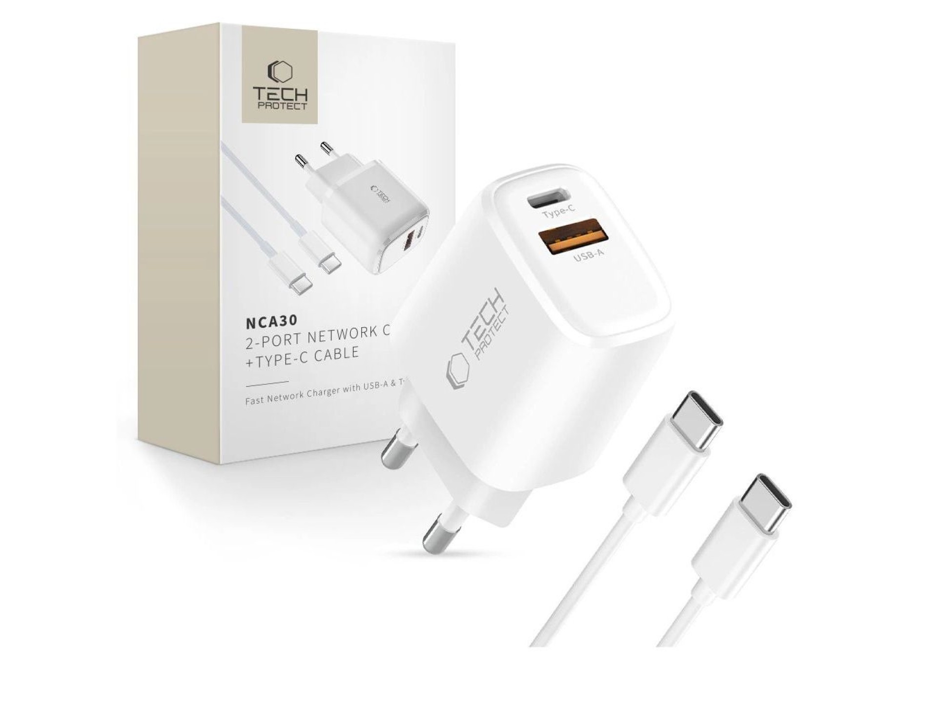 Tech-Protect NCA30 PD 30W QC3.0 USB-A / USB-C Wall Charger + USB-C / USB-C Cable 100cm - White
