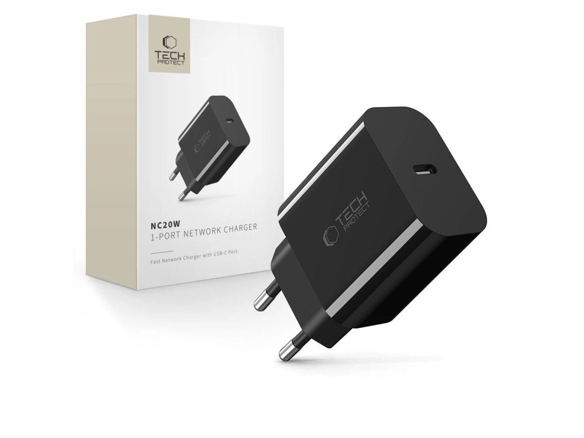 Cargador de pared Tech-Protect NC20W USB-C de 1 puerto PD20W - Negro
