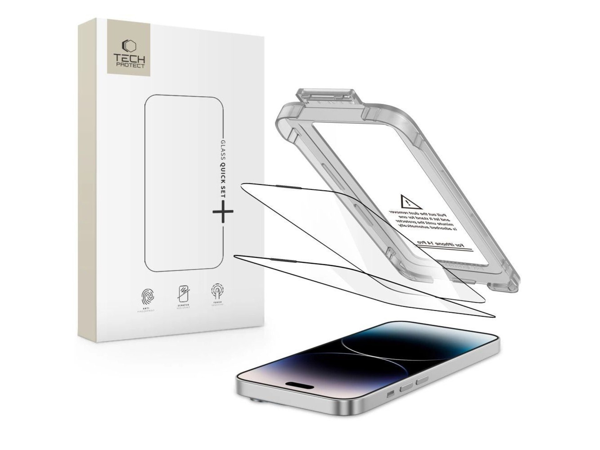 Protector de pantalla de vidrio templado Tech-Protect Quick Set+ (paquete de 2) para iPhone 14 Pro -