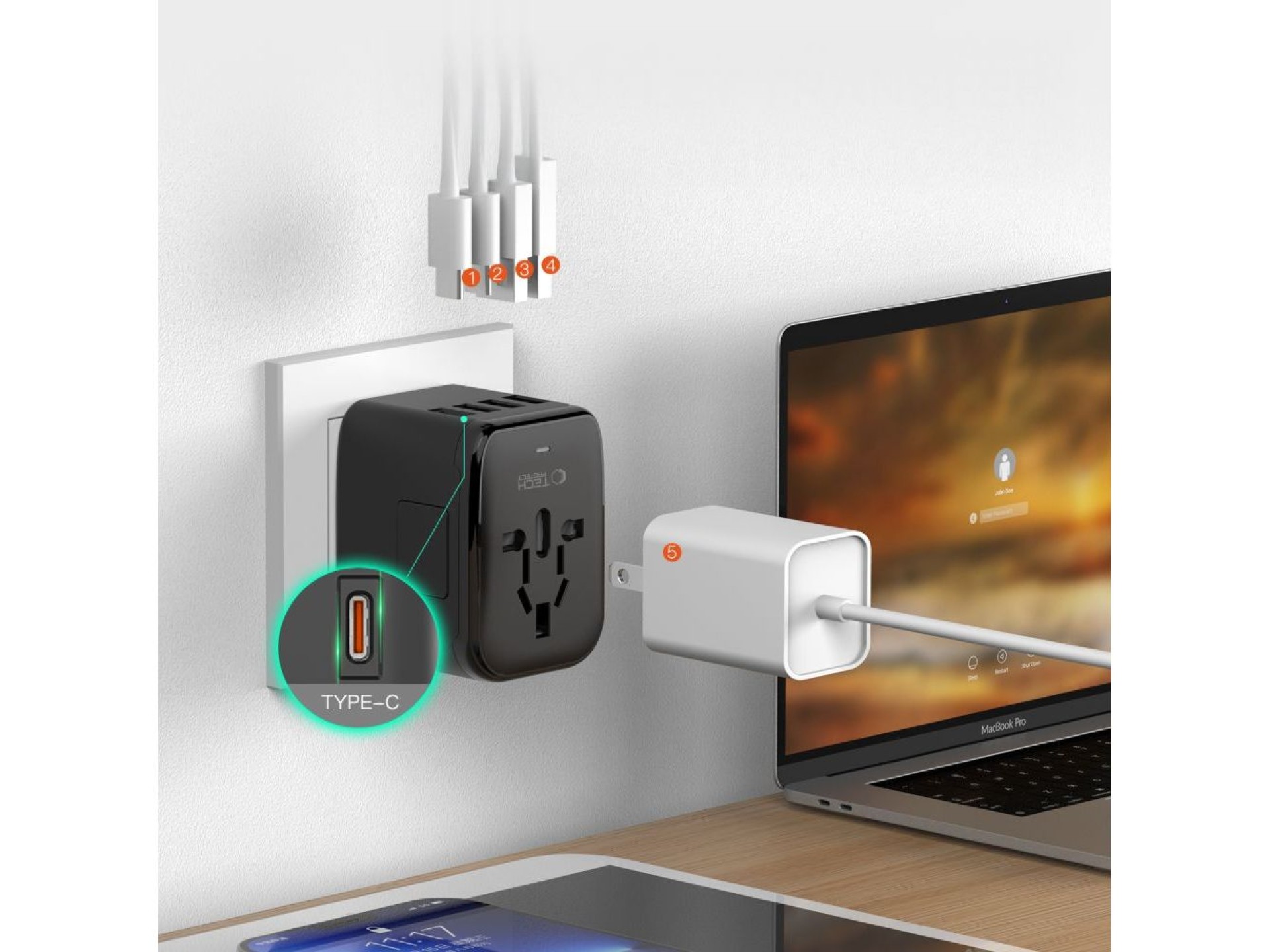 Adaptador Tech-Protect TA200 UE / Reino Unido / EUA / AU - preto
