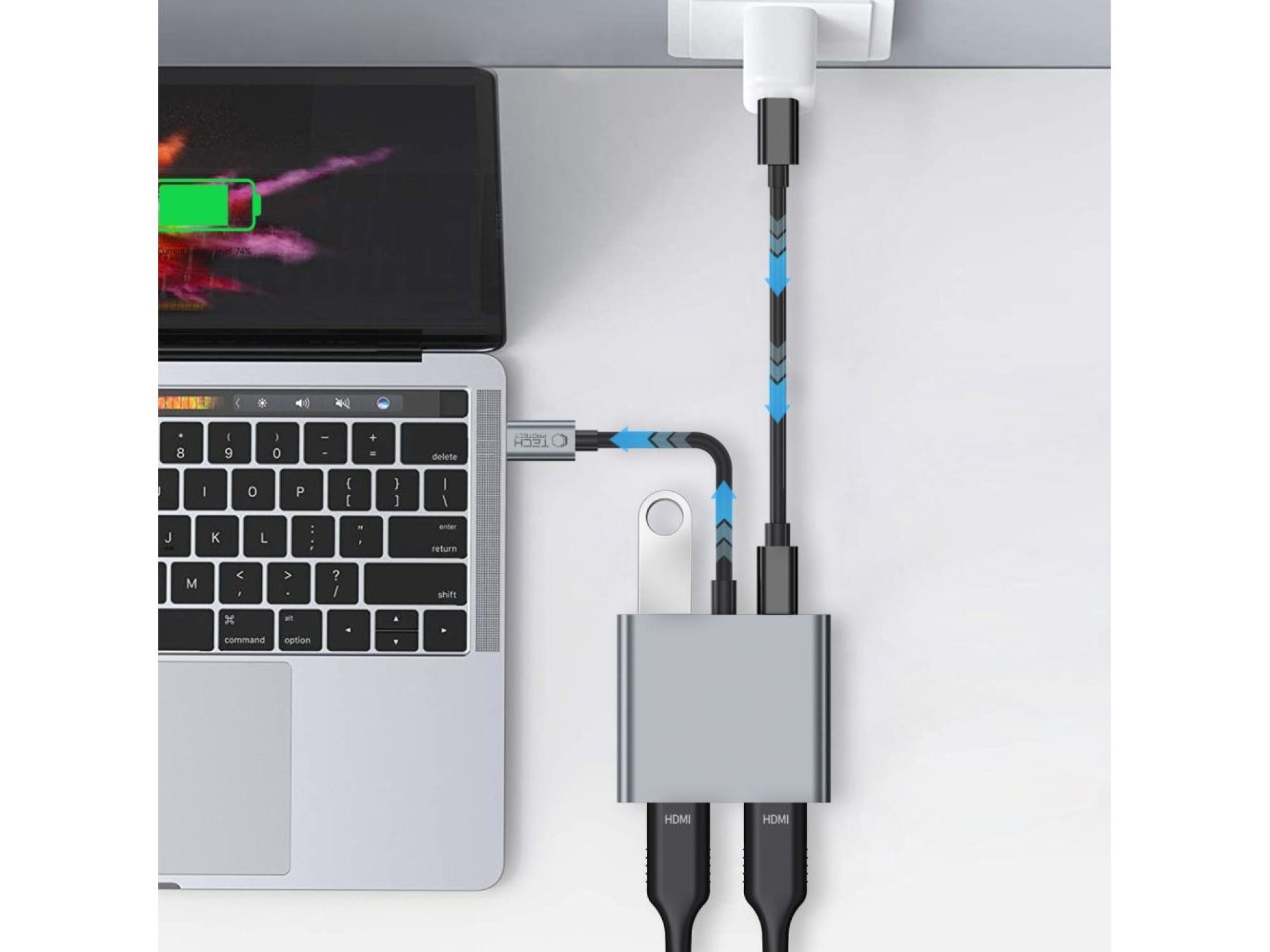 Adaptador Tech-Protect HB08 4 em 1 USB-C + USB 2.0 + 2 x HDMI 4K 60Hz - cinza