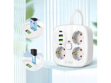 Tech-Protect PCS3X4 power strip, 3 sockets, 2xUSB-A, 2xUSB-C 200 cm - white