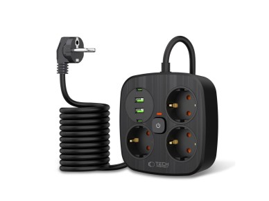 Regleta Tech-Protect PCS3X4, 3 tomas, 2xUSB-A, 2xUSB-C, 200 cm - negra