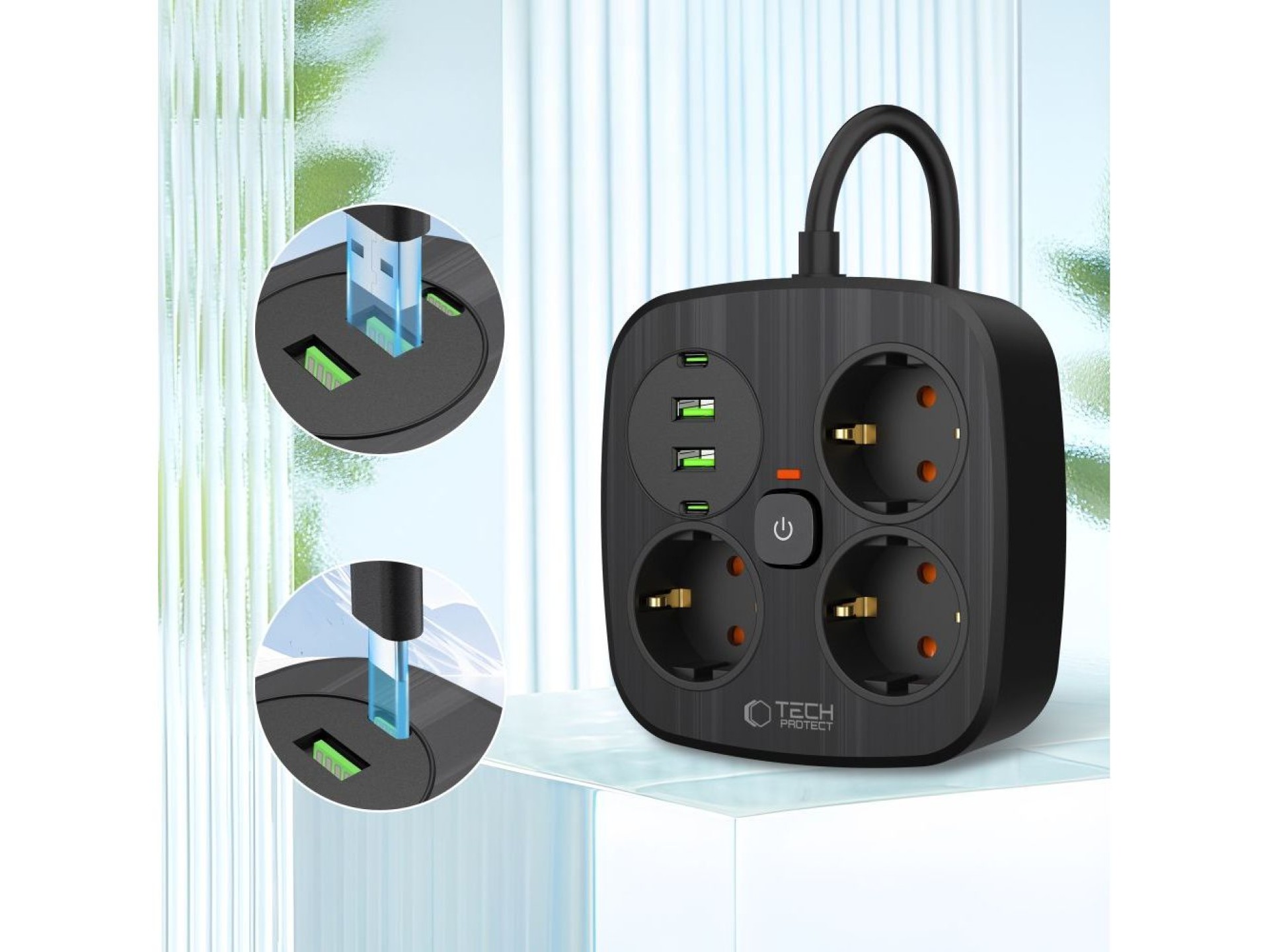 Tech-Protect PCS3X4 power strip, 3 sockets, 2xUSB-A, 2xUSB-C 200 cm - black