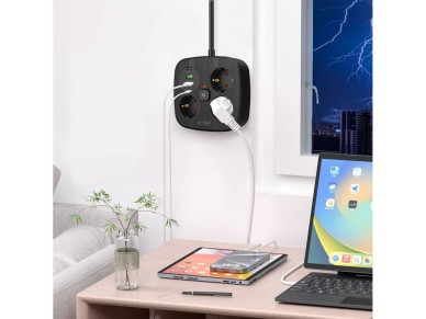 Regleta Tech-Protect PCS3X4, 3 tomas, 2xUSB-A, 2xUSB-C, 200 cm - negra