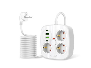 Tech-Protect PCS3X4 power strip, 3 sockets, 2xUSB-A, 2xUSB-C 200 cm - white