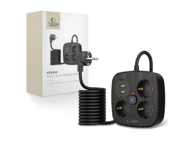 Regleta Tech-Protect PCS3X4, 3 tomas, 2xUSB-A, 2xUSB-C, 200 cm - negra
