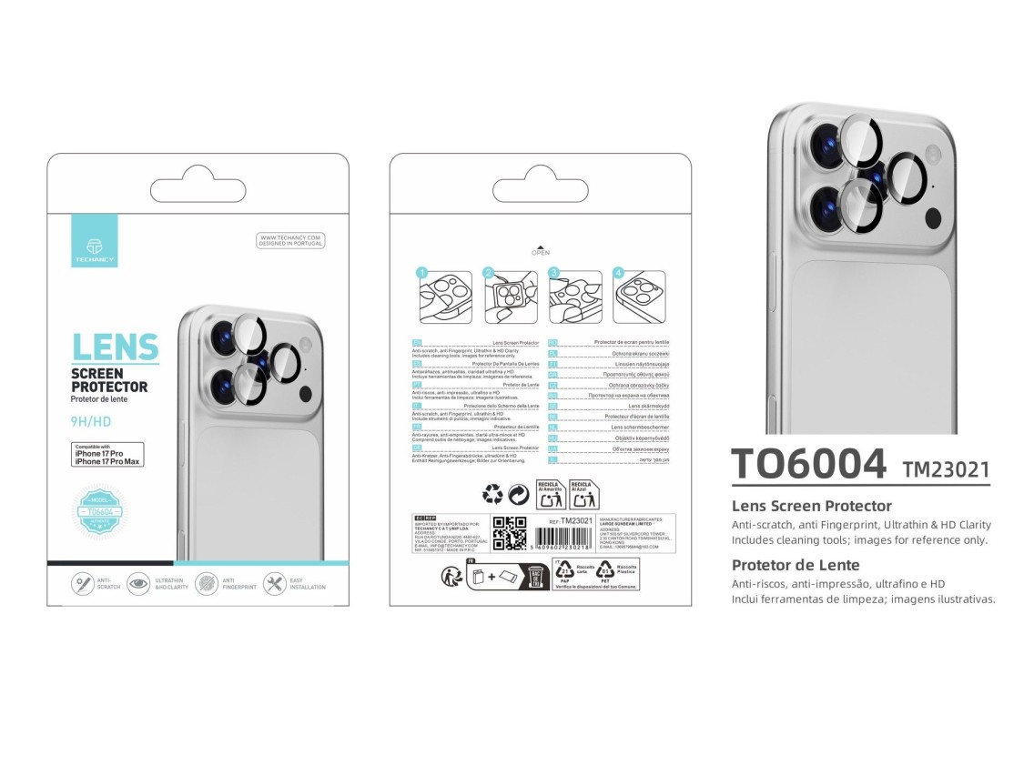Protector de lente Techancy para iPhone 17 Pro y 17 Pro Max TO6004 9H Ultrafino Alta Definición Anti