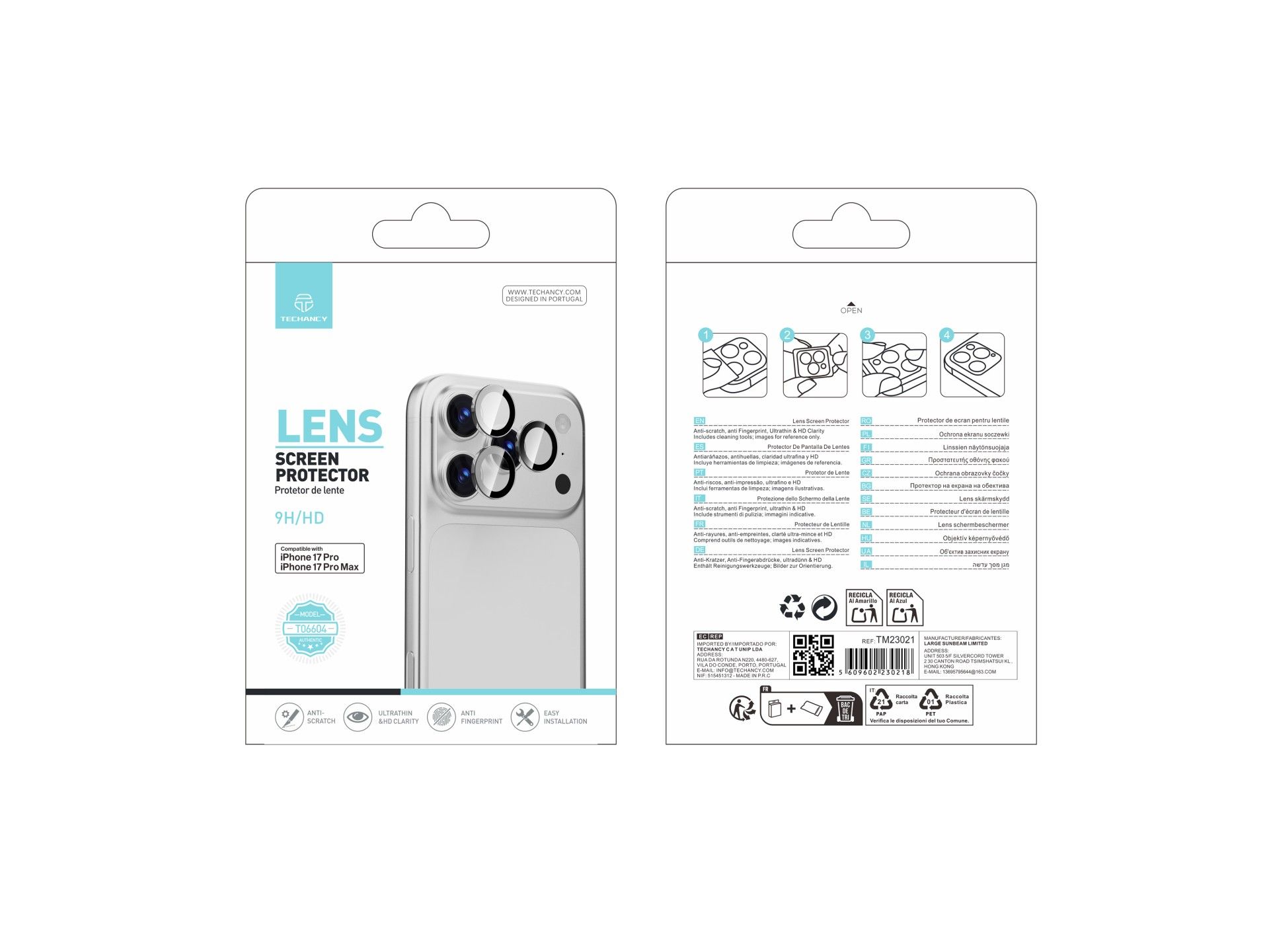 Protector de lente Techancy para iPhone 17 Pro y 17 Pro Max TO6004 9H Ultrafino Alta Definición Anti