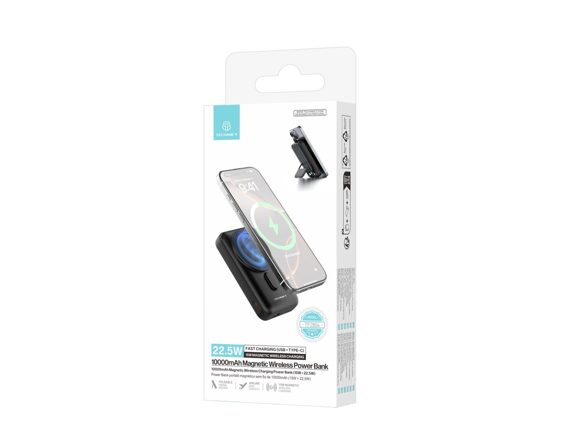 Techancy Power Bank Magnetico Sem Fios 10000mAh TF2804 15W Wireless 22.5W Carregamento Rapido com Su