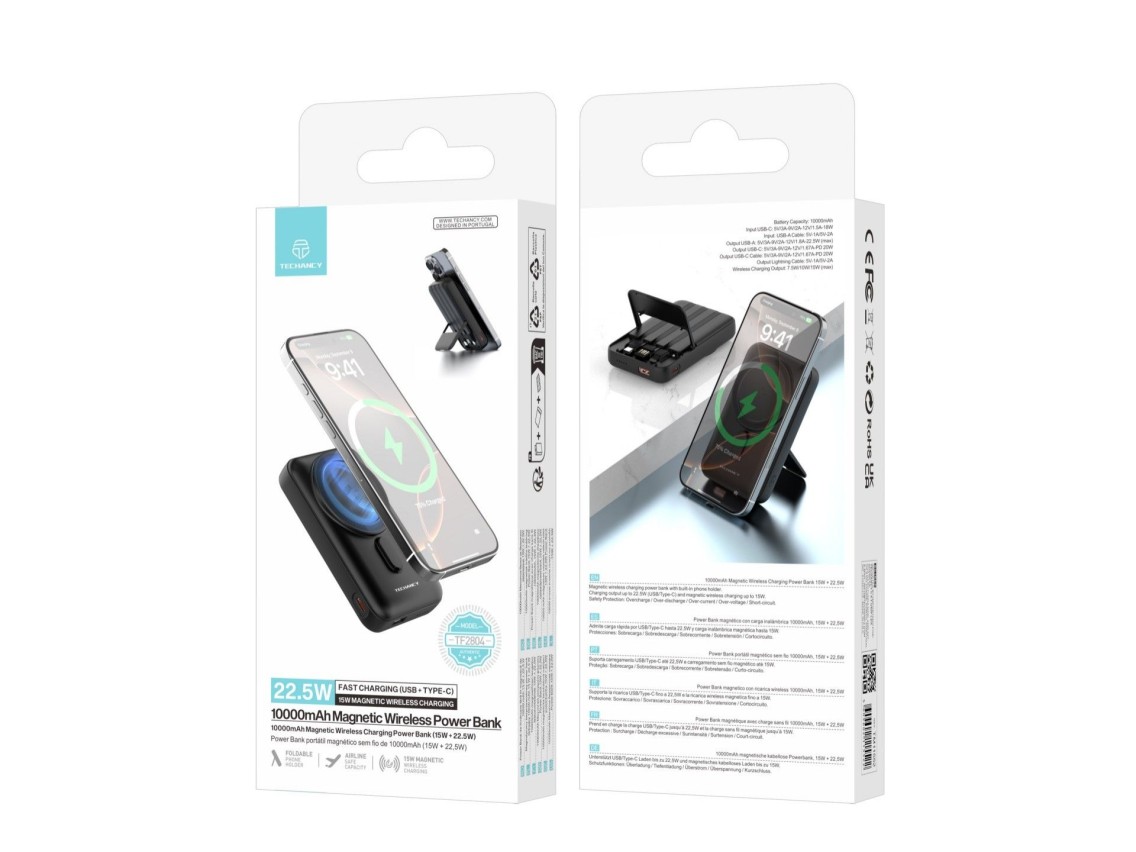 Techancy Power Bank Magnetico Sem Fios 10000mAh TF2804 15W Wireless 22.5W Carregamento Rapido com Su