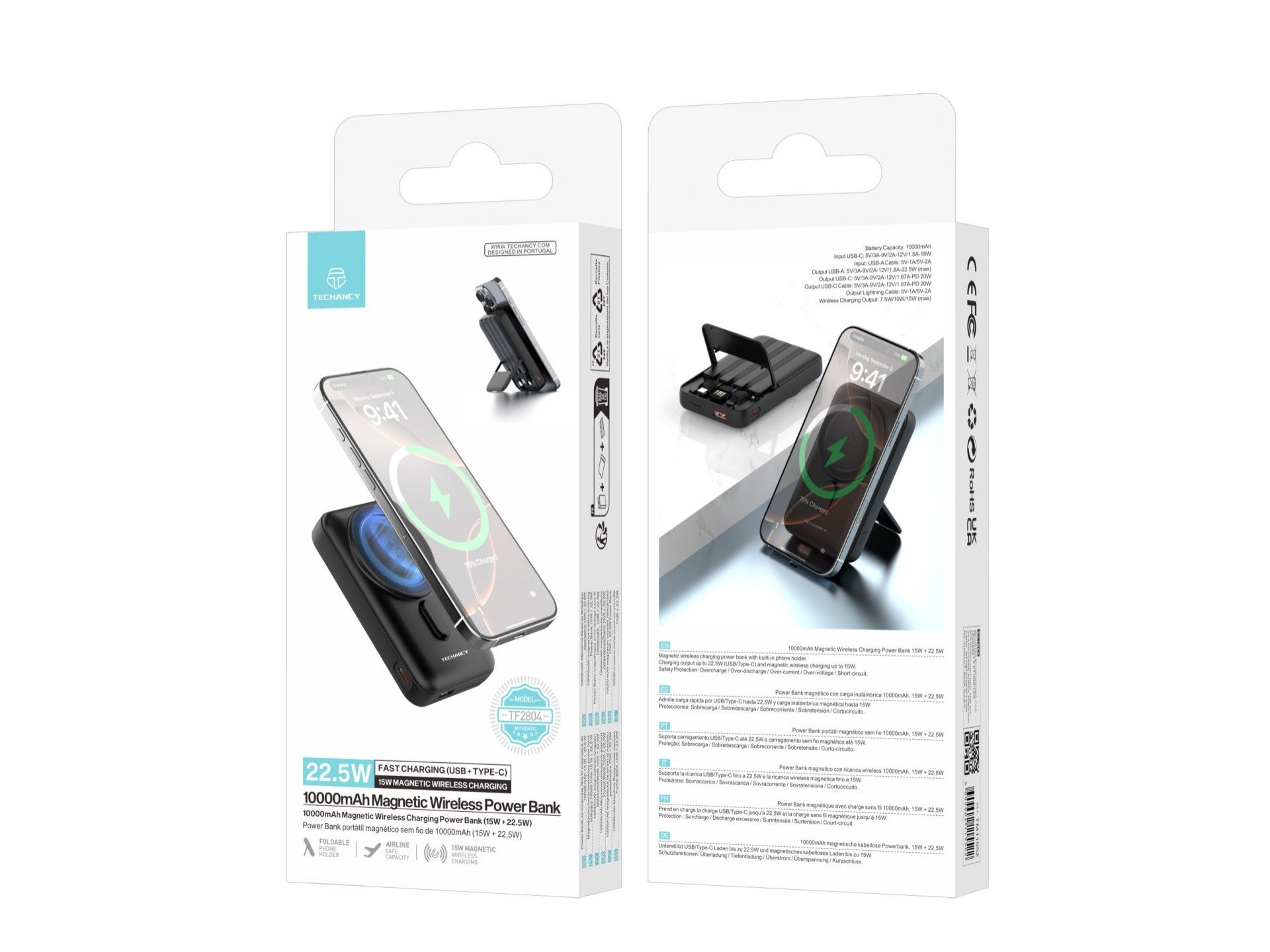 Techancy Power Bank Magnetico Sem Fios 10000mAh TF2804 15W Wireless 22.5W Carregamento Rapido com Su