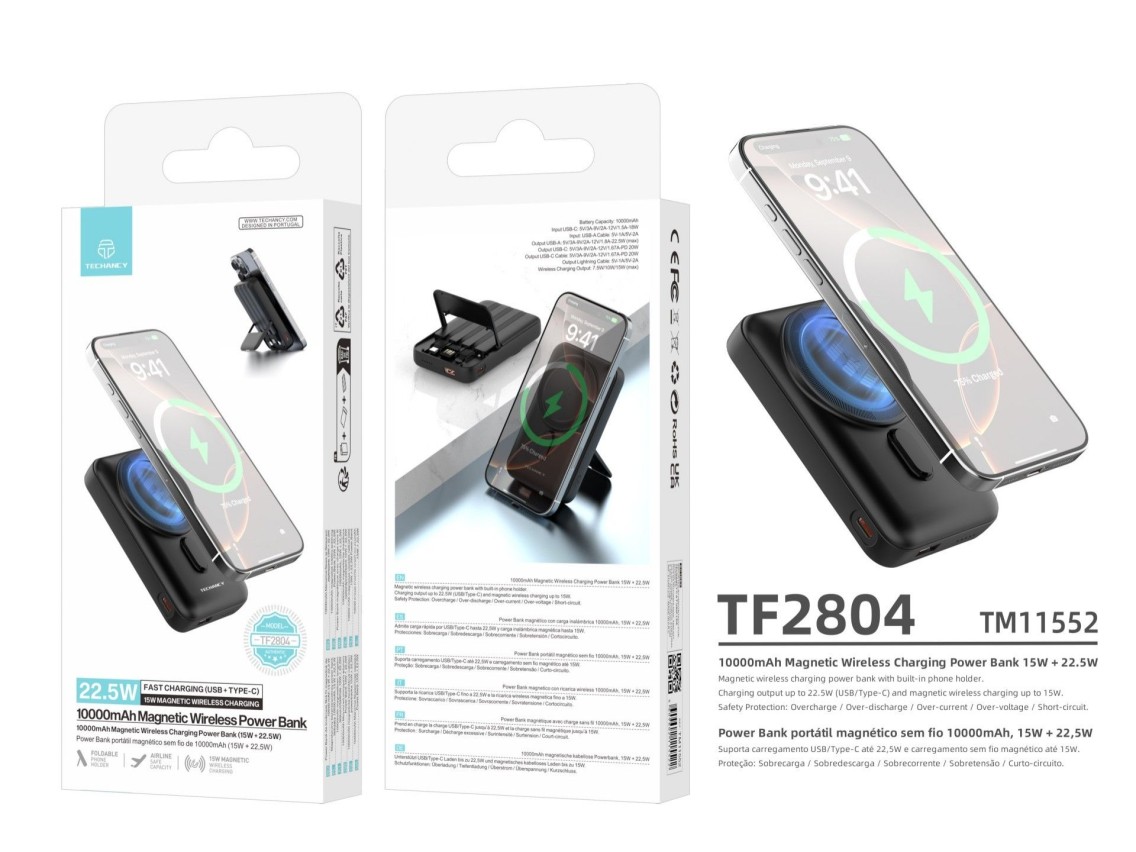 Techancy Power Bank Magnetico Sem Fios 10000mAh TF2804 15W Wireless 22.5W Carregamento Rapido com Su
