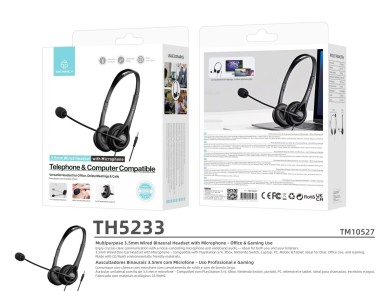 Techancy Auricular Binaural com Fio 3.5mm TH5233 com Microfone Cancelamento de Ruido para Call Cente