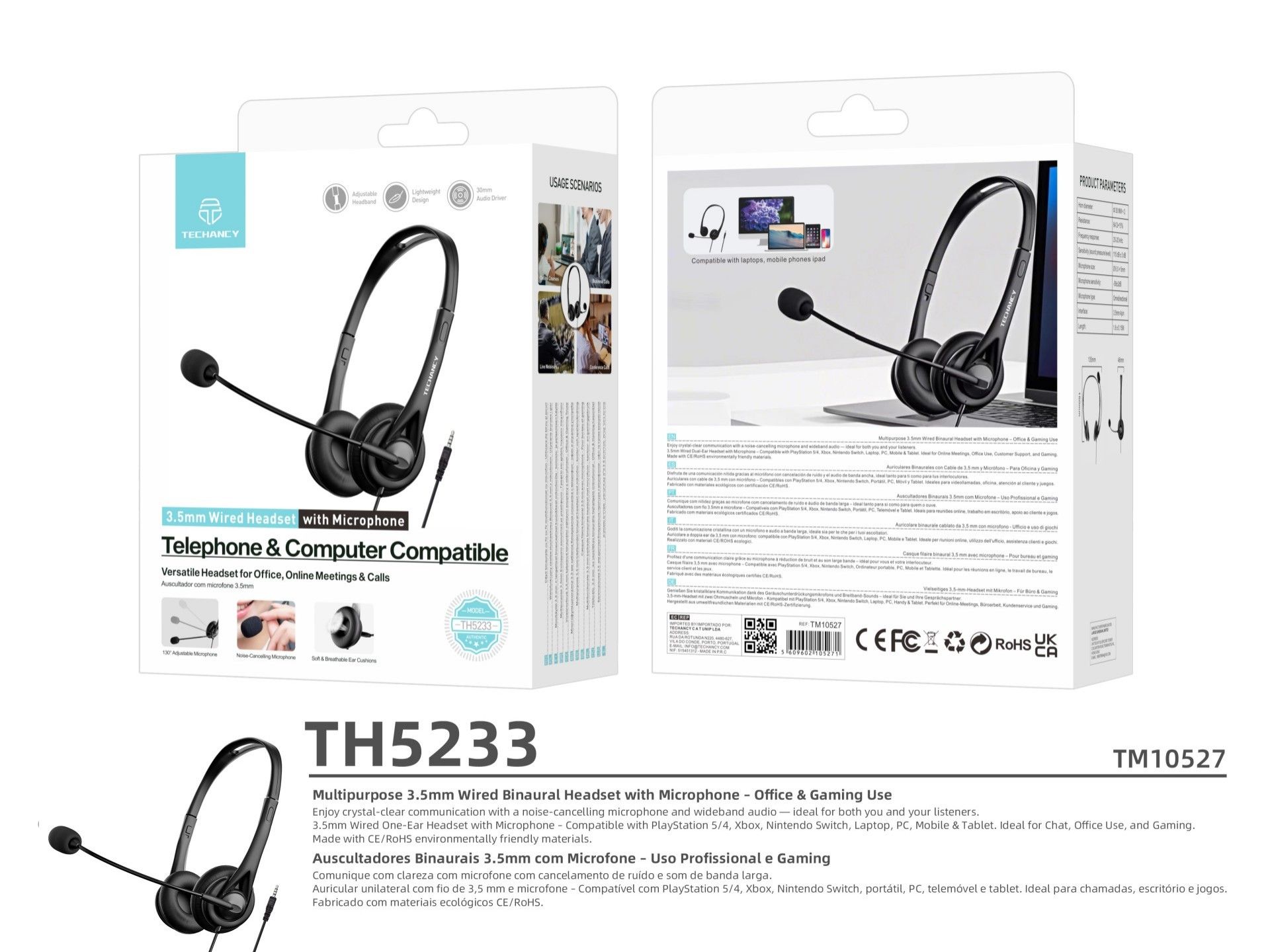 Techancy Auricular Binaural com Fio 3.5mm TH5233 com Microfone Cancelamento de Ruido para Call Cente