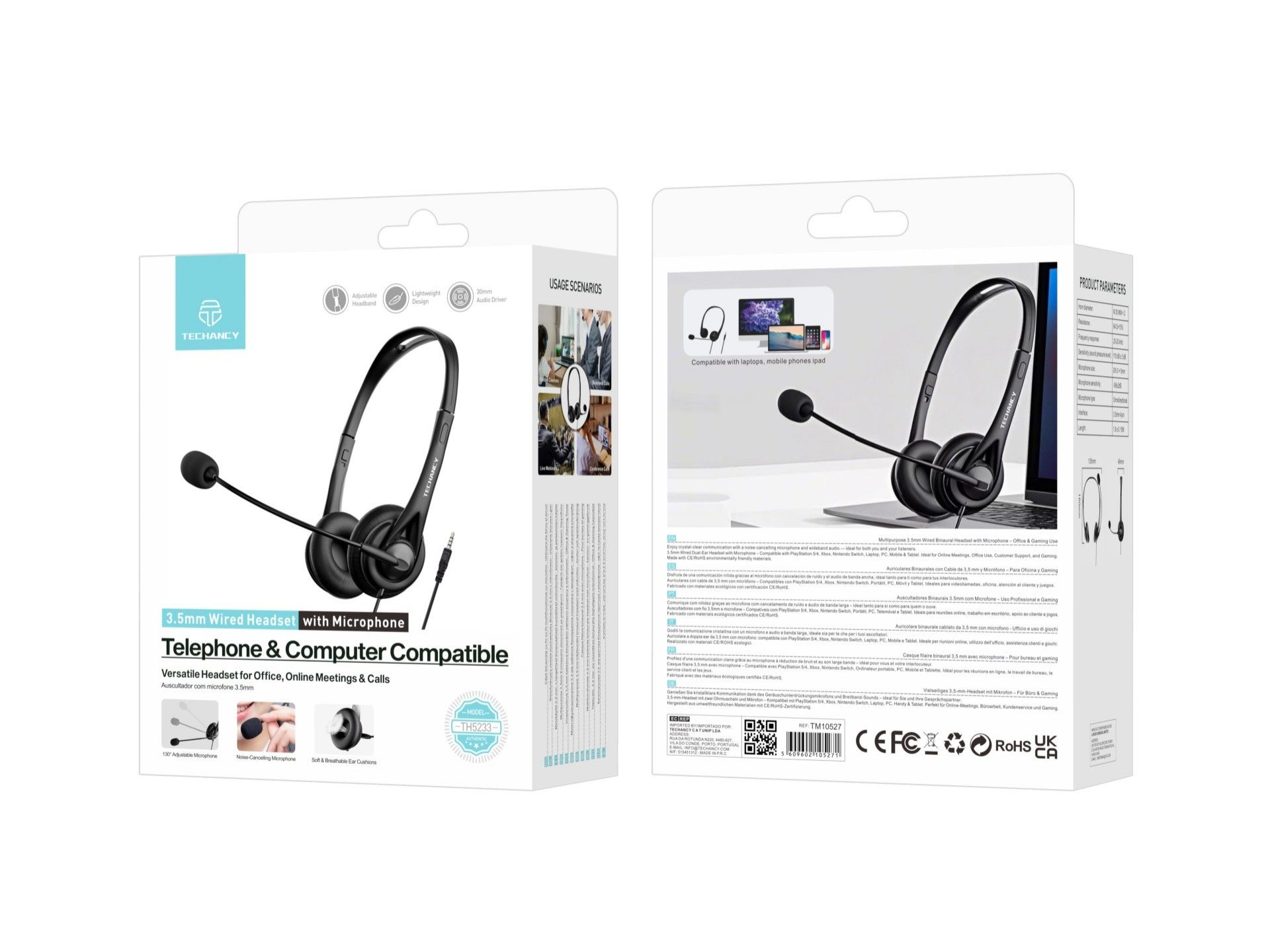 Techancy Auricular Binaural com Fio 3.5mm TH5233 com Microfone Cancelamento de Ruido para Call Cente