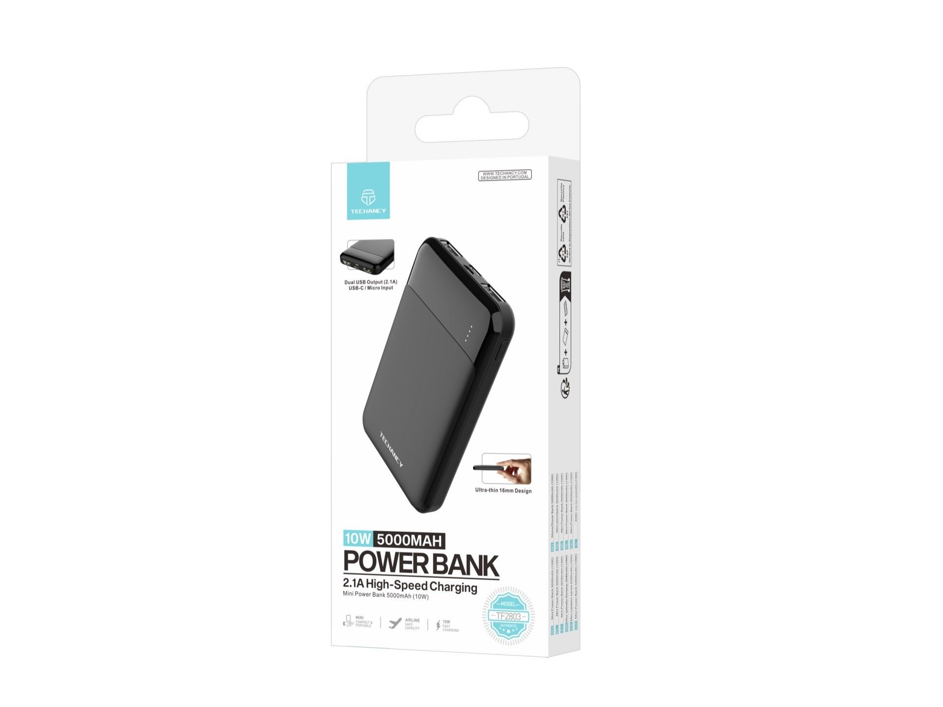 Mini batería externa Techancy de 5000 mAh TF2803 con carga rápida de 10 W, compacta y con protección