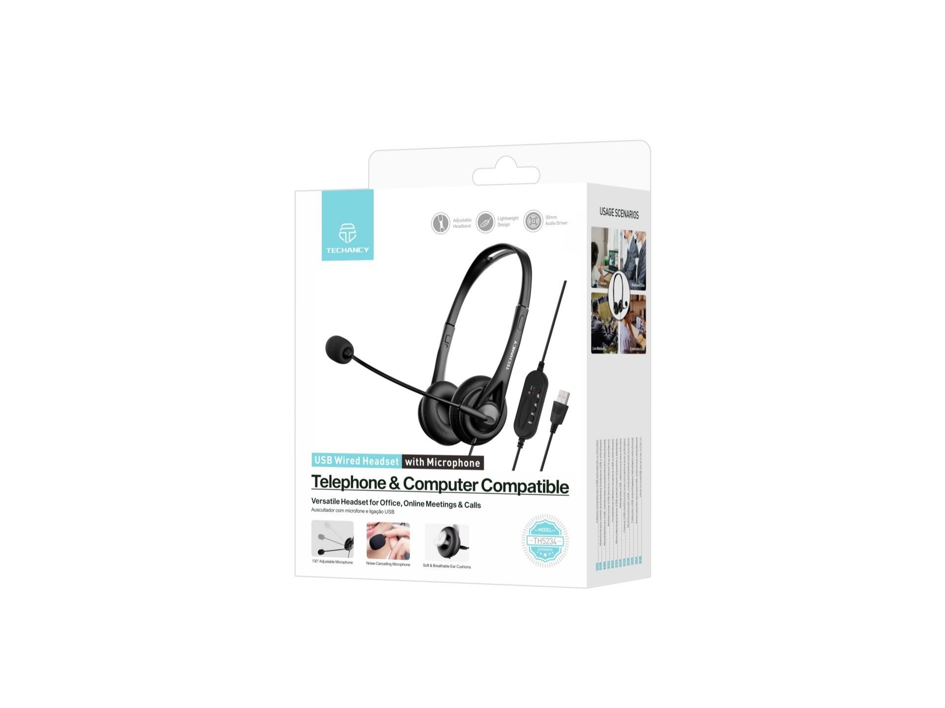 Techancy TH5234 Wired USB Headset with Noise-Cancelling Microphone for Call Center, Office, Online M