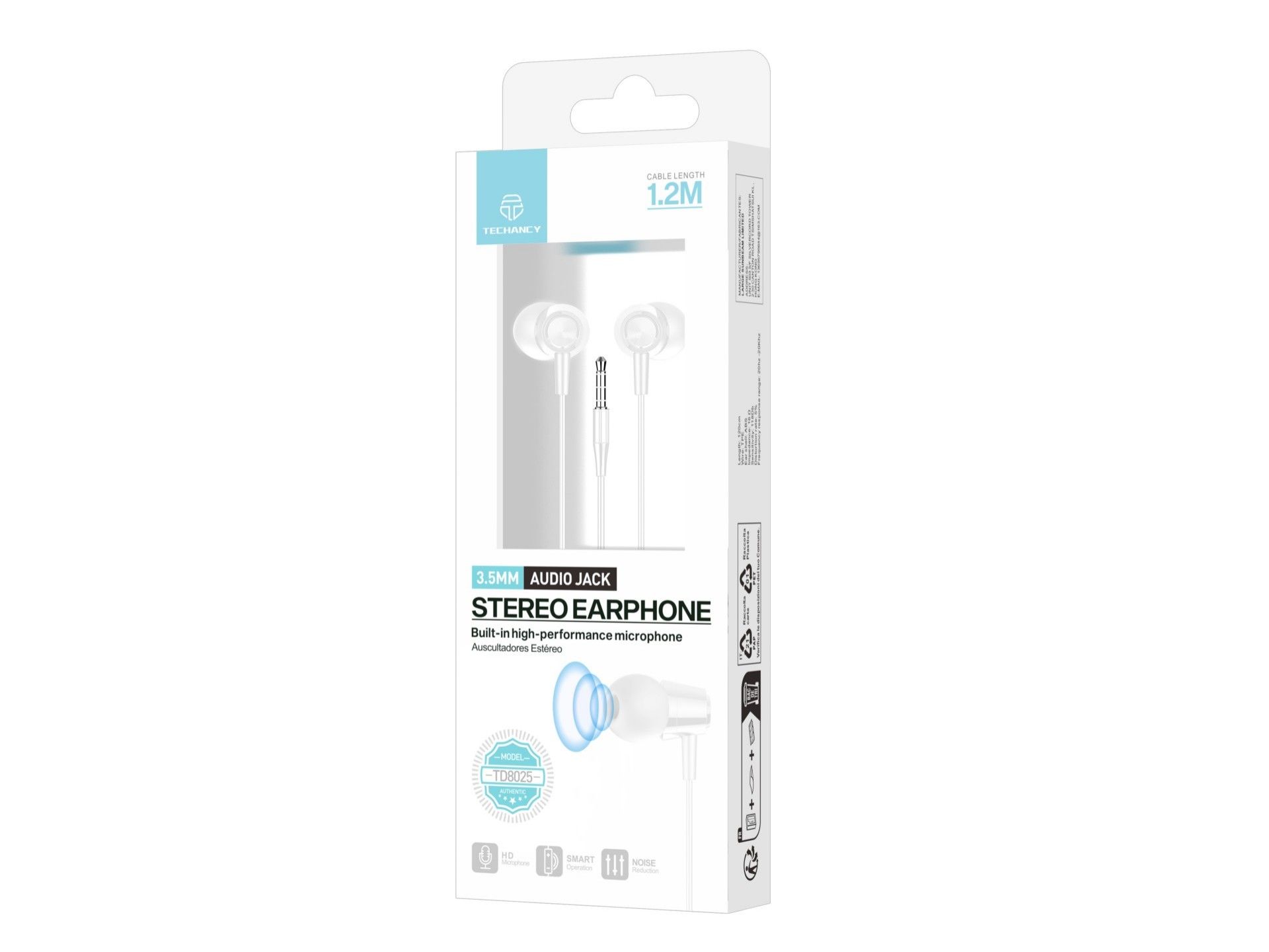 Techancy Auricular In Ear com Fio 3.5mm TD8025 Estereo Confortavel Som Claro com Controlo em Linha p