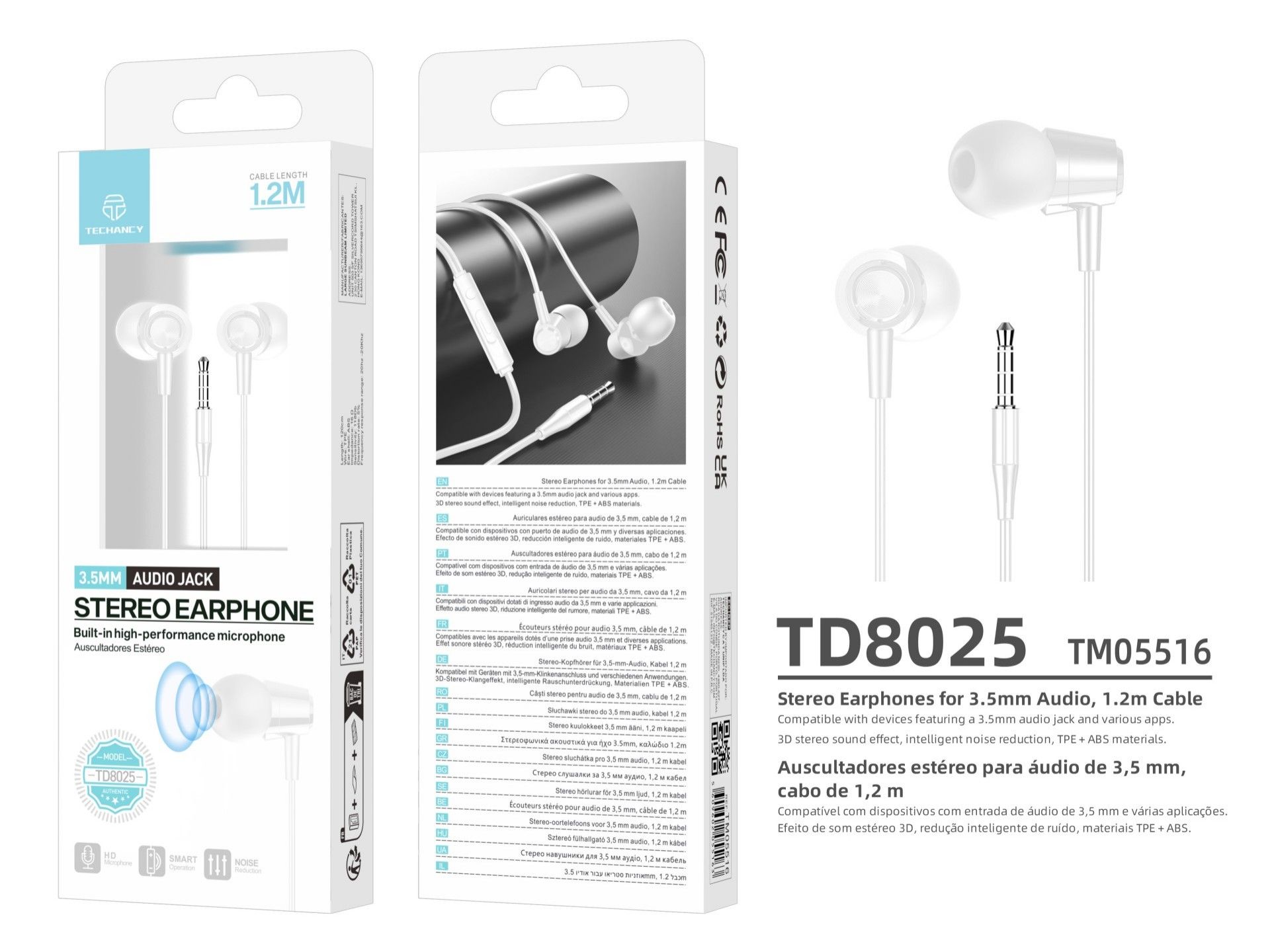 Techancy Auricular In Ear com Fio 3.5mm TD8025 Estereo Confortavel Som Claro com Controlo em Linha p