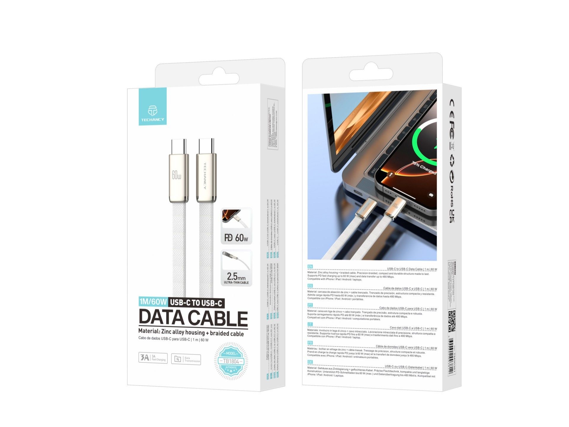 Techancy Cabo de Dados USB C para USB C 60W TB1804 Carregamento Rapido PD Trancado Resistente para T