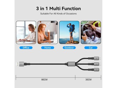 Cabo Tech-Protect UltraBoost DNA 3 em 1 USB-C / Micro-USB / Lightning de 120 cm - cinza